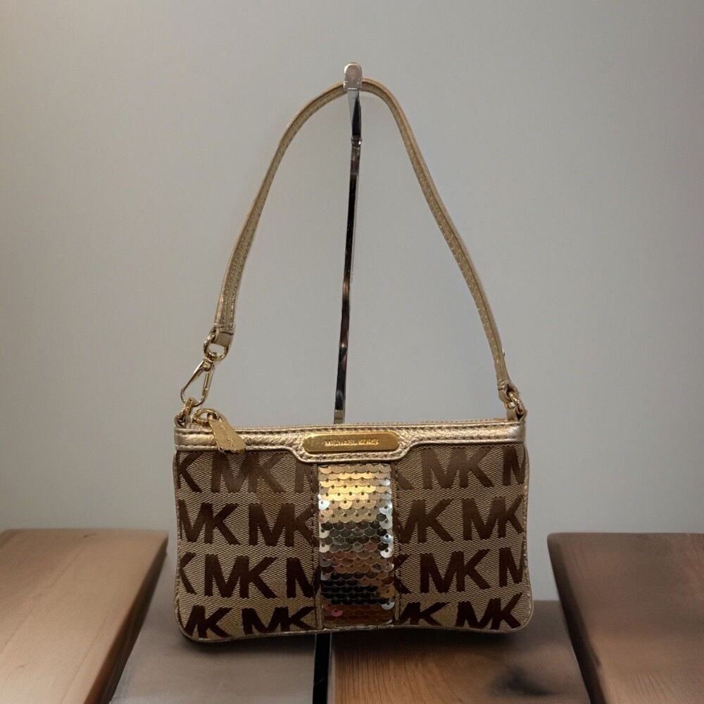 Michael Kors Women's Handbag Purse Brown Coated Canvas Gold Sequin Wristlet